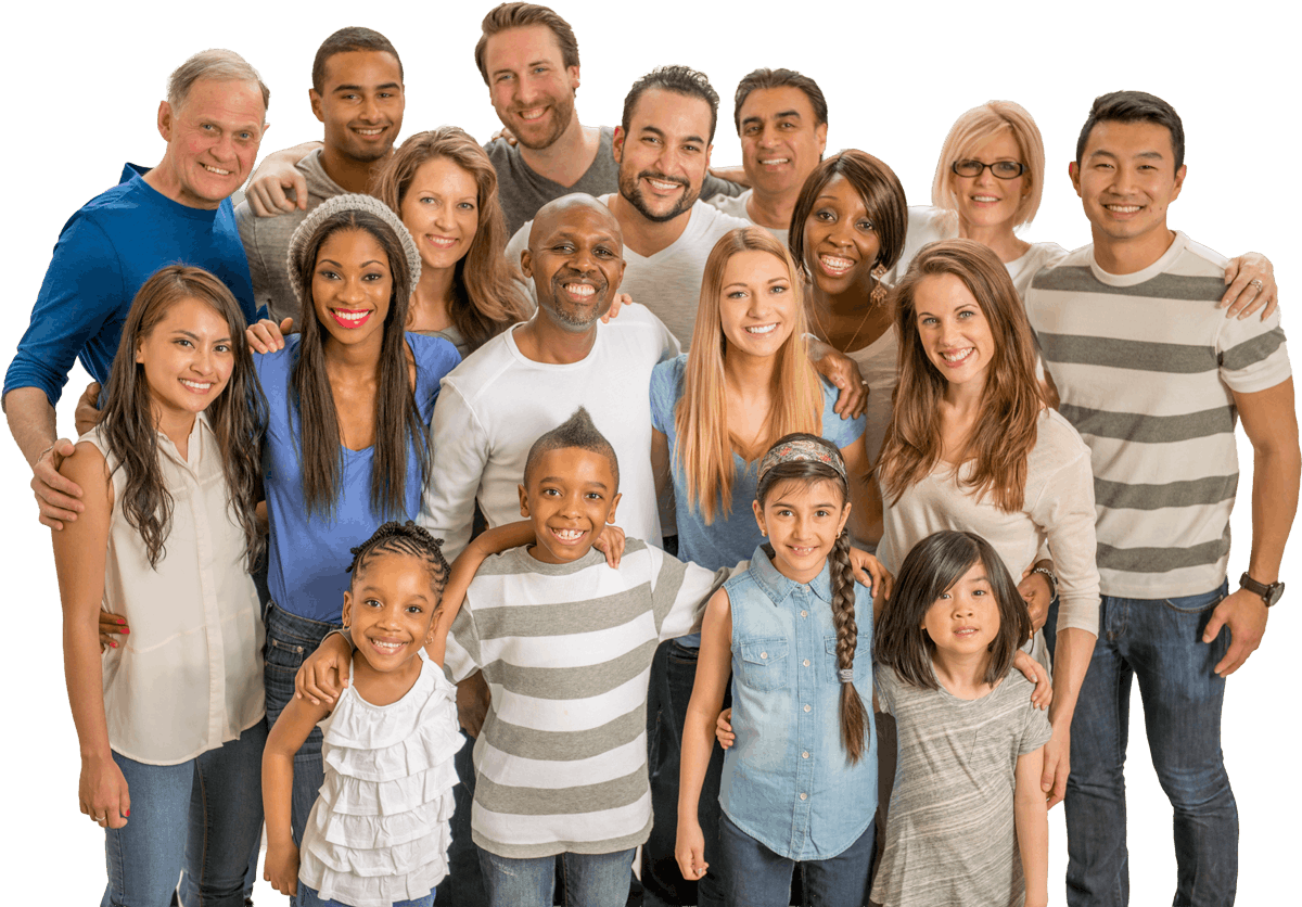 Diverse group of adults and children smiling together, representing community and wellbeing
